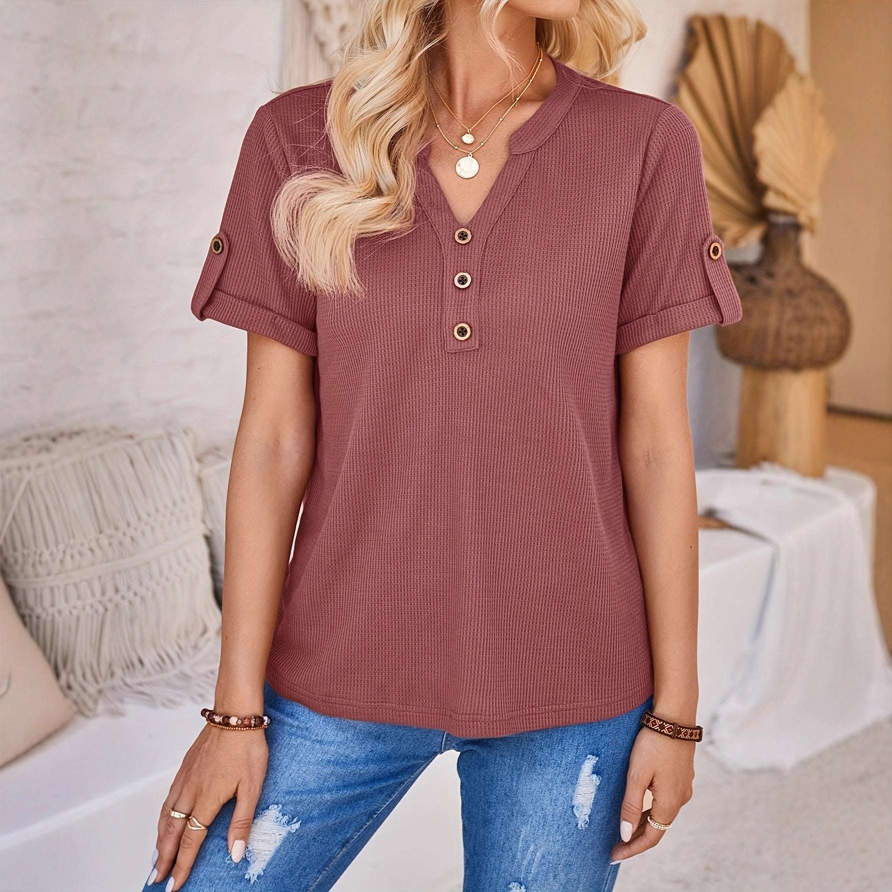 Women's Summer Button Short Sleeved Loose Solid Color Notch V-neck Pullover | Orazek UK Ltd
