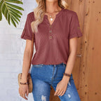 Women's Summer Button Short Sleeved Loose Solid Color Notch V-neck Pullover | Orazek UK Ltd