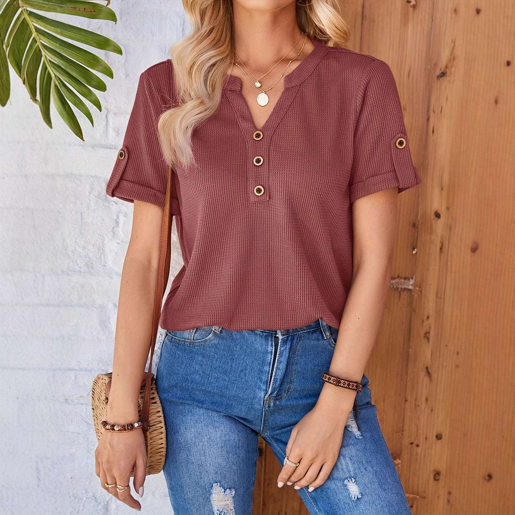 Women's Summer Button Short Sleeved Loose Solid Color Notch V-neck Pullover | Orazek UK Ltd