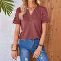 Women's Summer Button Short Sleeved Loose Solid Color Notch V-neck Pullover | Orazek UK Ltd