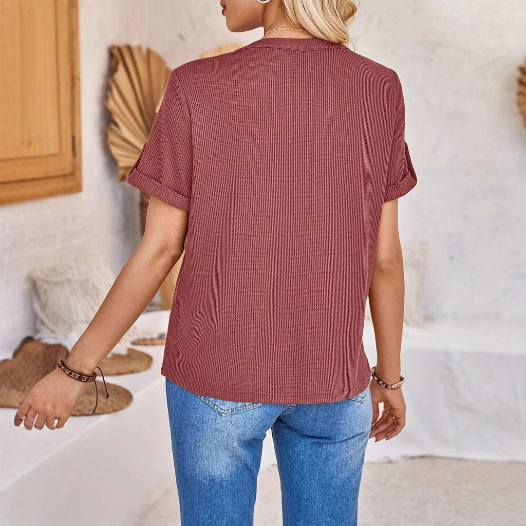 Women's Summer Button Short Sleeved Loose Solid Color Notch V-neck Pullover | Orazek UK Ltd