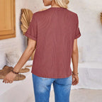 Women's Summer Button Short Sleeved Loose Solid Color Notch V-neck Pullover | Orazek UK Ltd