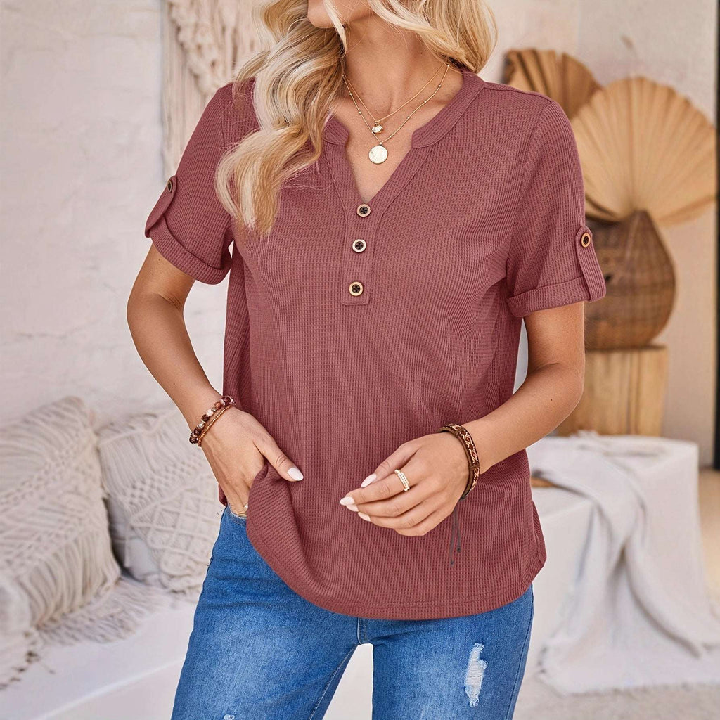 Women's Summer Button Short Sleeved Loose Solid Color Notch V-neck Pullover | Orazek UK Ltd