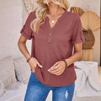 Women's Summer Button Short Sleeved Loose Solid Color Notch V-neck Pullover | Orazek UK Ltd
