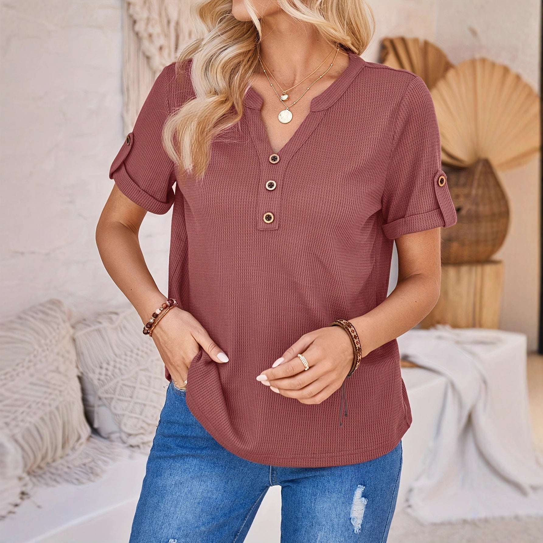 Women's Summer Button Short Sleeved Loose Solid Color Notch V-neck Pullover | Orazek UK Ltd