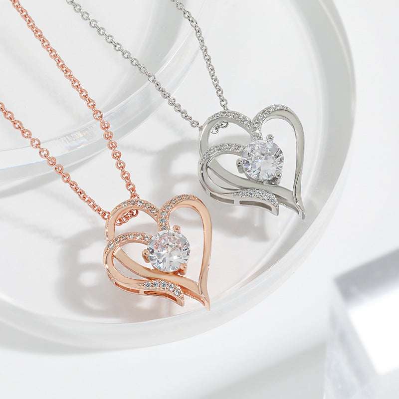 Zircon Double Love Necklace With Rhinestones Ins Personalized Heart-shaped Necklace Clavicle Chain Jewelry For Women Valentine's Day | Orazek UK Ltd